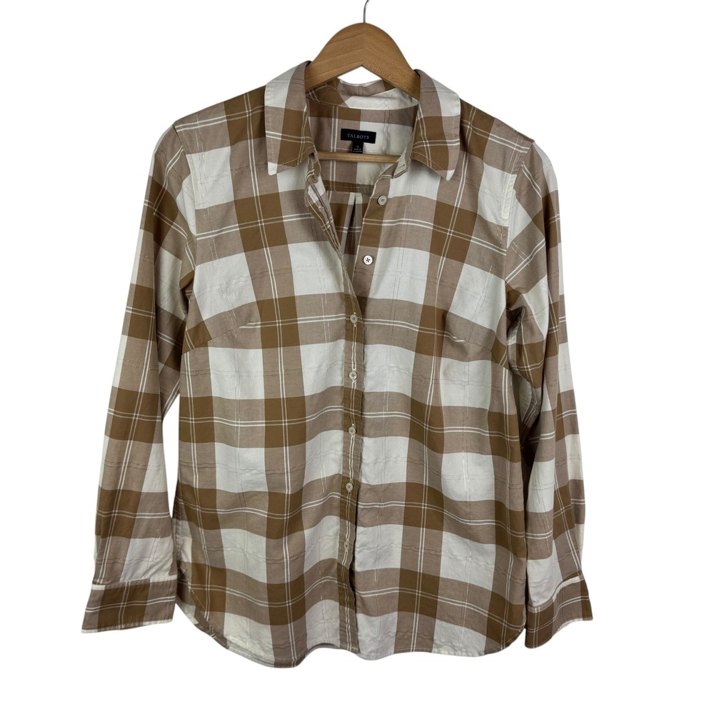 Talbots‎ Plaid Button Up Shirt Small Metallic Long Sleeve Classic Preppy Neutral